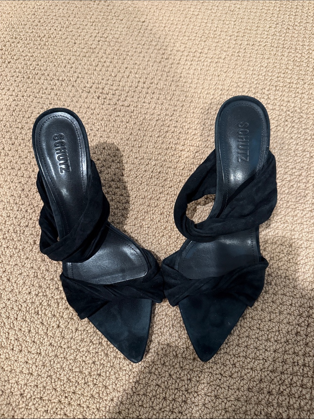 SCHUTZ Black Twisted Strap Pointed Toe Heels